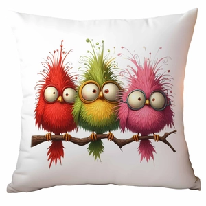 Square cushion cover with colorful cartoon birds on a branch against white background