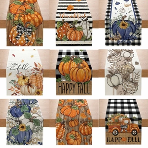 Fall Thanksgiving Table Runner Linen Pumpkin Sunflower Maple Leaf Buffalo Plaid Farmhouse Harvest Kitchen Table Decor