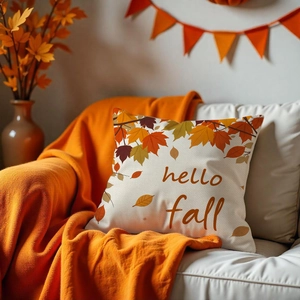 Nahaufnahme Kissenbezug aus Leinen mit Hello Fall Text und Herbstahornblättern