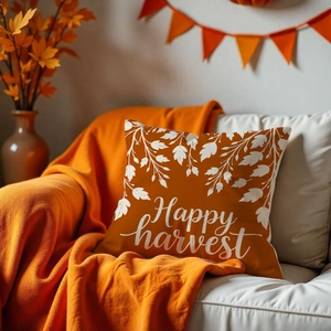 Detailstruktur des Leinenkissenbezugs mit Happy Harvest Druck und Herbstblattmotiven