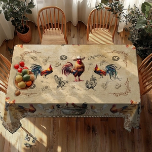 Detailed farm-style tablecloth featuring vintage rooster prints and rustic beige textures