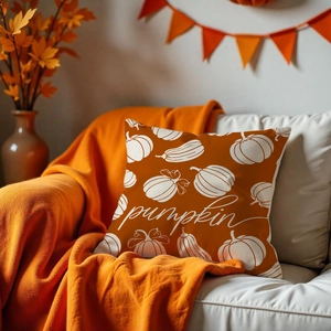 Detailansicht des Kissenbezugs mit Kürbismotiv und Schriftzug auf einem gemütlichen Sofa