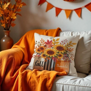 Detail der Kissenhülle aus Leinen mit Herbstblumen und Thanksgiving Schriftzug-Druck