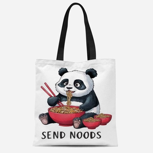 White canvas panda tote bag with Send Noods print and black handles for daily use