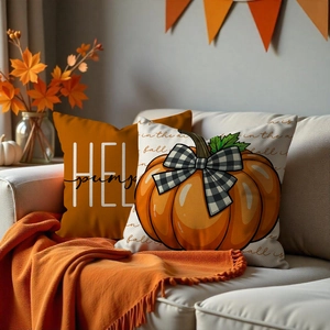 Set of two Thanksgiving pumpkin pillow covers with Hello Pumpkin text for autumn home decor