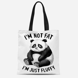 Close-up of cute panda canvas tote bag with I'M NOT FAT text and durable black straps