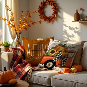 Fall decorative pillow covers with pumpkin truck and autumn leaves print set of two
