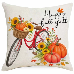 Harvest pumpkin fall throw pillow cover with red bicycle and sunflowers on linen