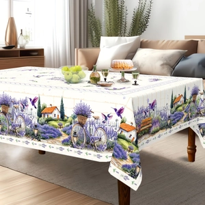 Detail view of sunflower lavender printed tablecloth with vibrant landscape pattern
