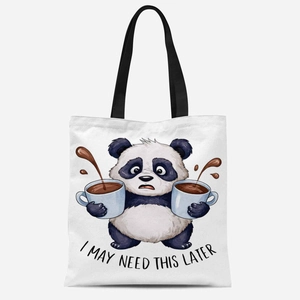 Detail of cute panda illustration with coffee and text print on white canvas tote bag