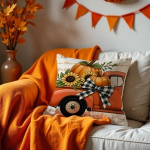 Fall harvest pumpkin decorative pillowcase with vintage truck and sunflower motifs
