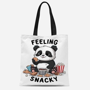 Close-up of durable white canvas tote bag with cute panda eating snacks print detail