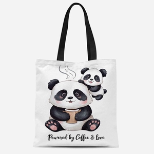 Minimalist canvas tote bag with panda print and Powered by Coffee and Love text