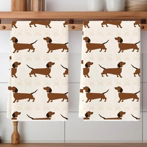 Cute dachshund print cotton kitchen towels set of 2 hanging on white tiled wall
