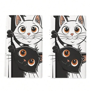 Set of two white microfiber kitchen towels featuring cute black and white cat illustrations