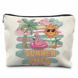 Close-up of Summer Vibes canvas storage pouch with flamingo and palm tree prints