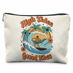 Close-up of canvas storage bag featuring vintage surfer graphics and High Tides slogan