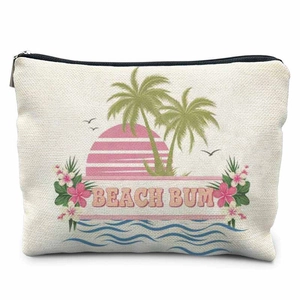 Detail of canvas pouch featuring Beach Bum palm tree print and silver metal zipper