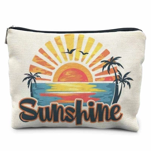 Close-up of cream canvas storage pouch with sunshine print and silver zipper detail