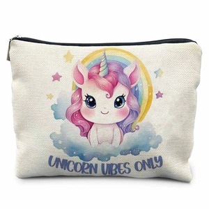 Trousse à cosmétiques en toile avec licorne mignonne, fermeture éclair et arc-en-ciel