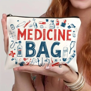 Borsa medica in tela bianca con stampa medica rossa e blu e chiusura a zip