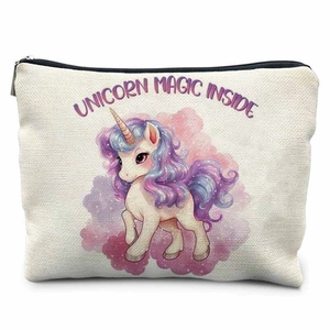 Trousse à maquillage licorne en toile avec fermeture éclair et motif de dessin animé