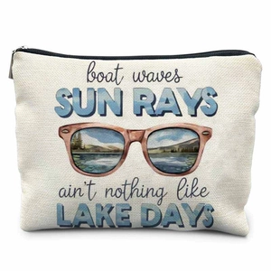 Canvas makeup pouch with summer lake life print and sunglasses illustration on white base