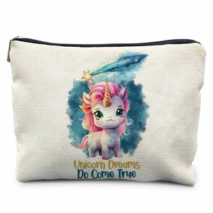 Détail d'une trousse en toile avec licorne aquarelle et fermeture éclair en métal