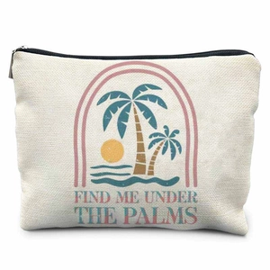 Canvas storage bag with vintage beach palm tree print and black zipper closure