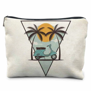 Vintage canvas storage pouch featuring retro summer sunset and scooter print design