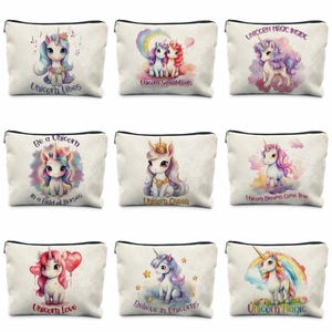 Mignonne Sac de Rangement en Toile Imprimé Licorne de Dessin Animé Trousse à Maquillage à Fermeture Éclair Trousse Pour Femmes Étudiants Organisateur