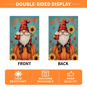 Double-sided autumn garden flag with gnome on pumpkin and welcome sign for yard decor