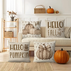 Set of four autumn pumpkin linen throw pillow covers with polka dots for farmhouse decor