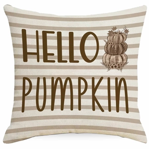 Detail of Hello Pumpkin decorative linen pillowcase with autumn maple leaves and sunflower