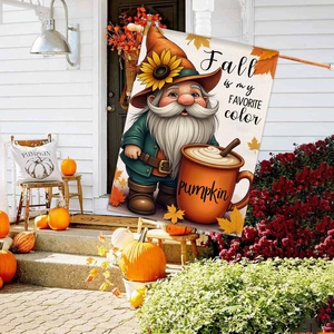 Fall garden flag featuring a gnome and pumpkins displayed on a porch with autumn decor