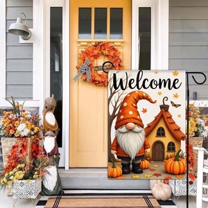 Fall garden flag with gnome and pumpkin design featuring Welcome text for autumn decor