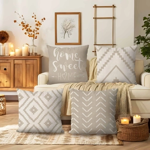 Set van 4 boho kussenhoezen met Home Sweet Home tekst voor een gezellige woondecoratie