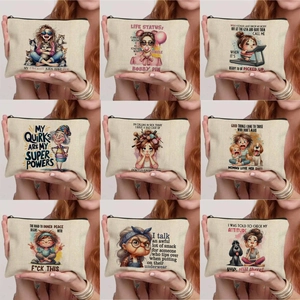 Funny Quotes Linen Makeup Bag For Women Humorous Cartoon Print Travel Cosmetic Zipper Pouch Toiletry Storage Organizer Handbag