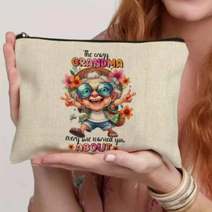 Canvas makeup bag featuring a funny grandma cartoon with quote and black zipper