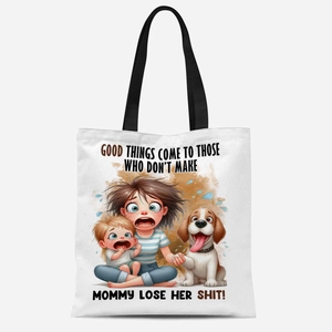 Detail of funny mom quote canvas tote bag with black handles and cartoon print