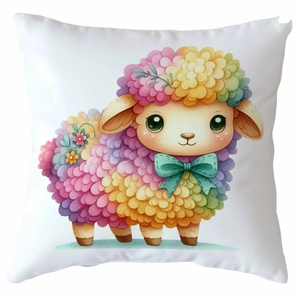 Detailed view of square pillowcase with cute rainbow sheep print on white fabric