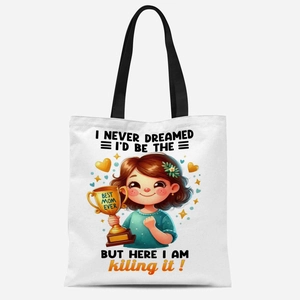 White canvas tote bag featuring Best Mom Ever quote and female illustration