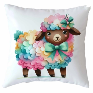 Close-up of a square white pillowcase featuring a colorful cartoon sheep print for decor