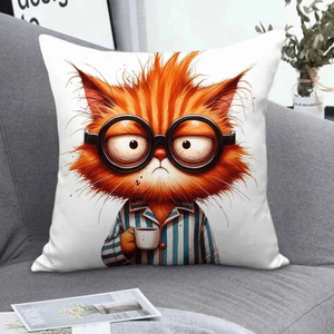 Cute cartoon cat pillowcase showing a sleepy orange cat with coffee on a gray sofa