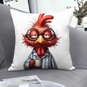 Detail of cute sleepy rooster in pajamas printed on a white decorative cushion cover