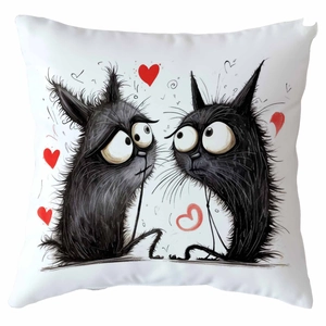 White square decorative throw pillow with cute black cartoon cats and red heart patterns