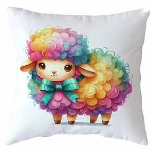 Close-up of cute rainbow sheep print on a soft white square cushion cover for home decor