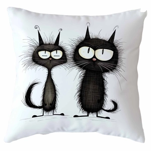 Detail of square cushion cover with black cat illustrations and minimalist art
