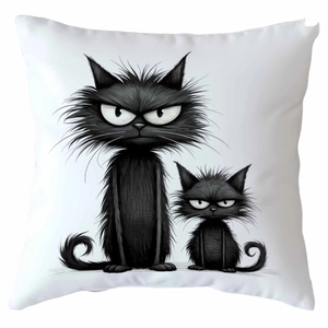 White square pillow cover featuring funny black cat illustrations for bedroom decor
