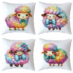 Cartoon Rainbow Sheep Print Pillowcase Square Polyester Short Plush Decorative Throw Pillow Cover For Sofa Home Decor